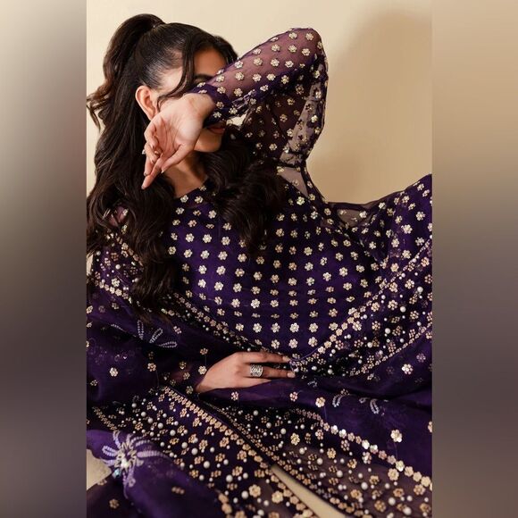 NUREH PAKISTANI DESIGNER FARSHI TINY TWINKLES WILD BEAUTY DRESS 3 PIECE - Picture 9 of 16